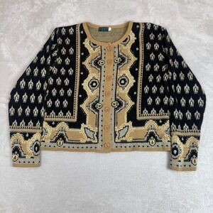 Vintage Ceny Sweater Womens L Brown Black Preowned Knit Cardigan‎ Aztec Boho